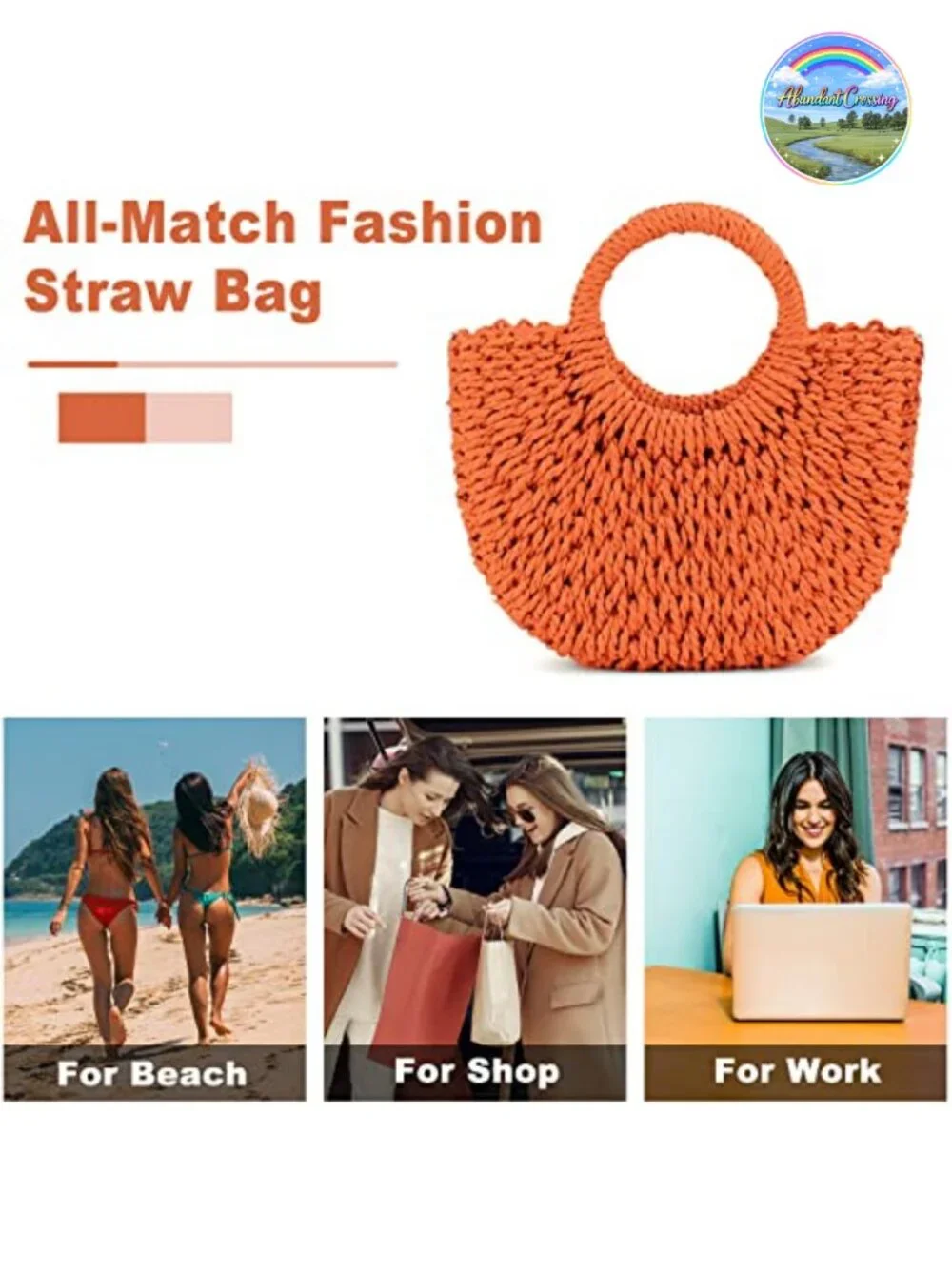 Handwoven Rattan Straw Semi-Circle Tote Beach Bag Summer Retro Shoulder